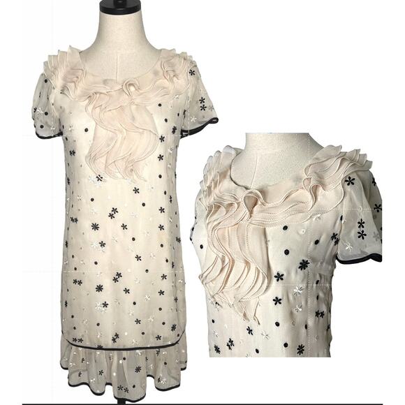 Anthropologie 4 Embroidered 100% Silk Sheath Dress 1940s Vintage Style Cream - Picture 1 of 8